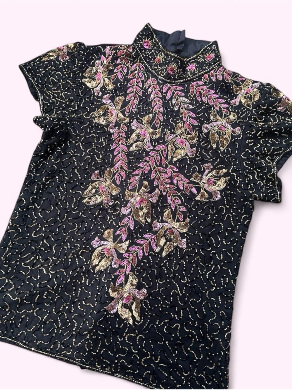 MARINA Black Tunic with Pink and Gold Floral Embroidery
